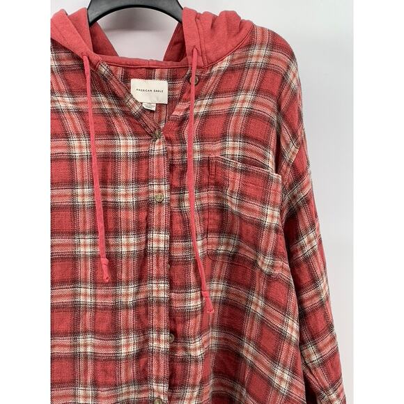 AMERICAN EAGLE Men's Red Plaid Button-Up Hooded Long Sleeve Sweater Shirt SZ L - Picture 3 of 11